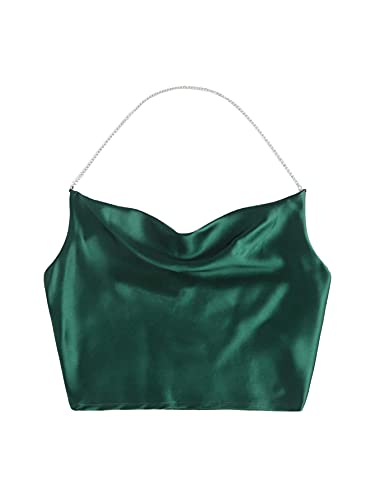 SheIn Women's Satin Chain Halter Neck Shirred Back Draped Crop Cami Top Dark Green M