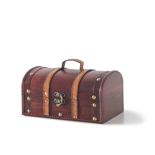Soul & Lane Antique-Inspired Wooden Treasure Chest, Vintage-Style Decorative Storage Box with Straps and Handle, Versatile Wood Keepsake Trunk