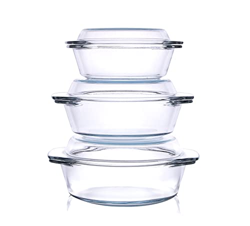 Set of 6 Pieces Round Tempered Glass Casserole Dish with Lids, Nesting Glass Casserole Baking Dish Set for Oven, Freezer and Dishwasher Safe