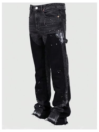 Men's Patchwork Skinny Jeans Ripped Distressed Denim Pants Stacked Jeans3