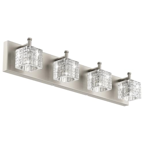 Image of Ralbay Crystal Bathroom Vanity Light Brushed Nickel 4 Light Modern Bathroom Wall Lighting Fixtures Over Mirror