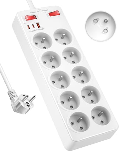 Multiprise 10 Prises Françaises, Bloc Multiprise Parafoudre et Surtension, Prise Multiple USB C avec Interrupteur de Surcharge, avec Terre 16A 2P+T, Rallonge...