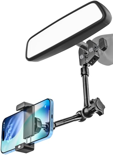 Rearview Mirror Phone Holder for Car - [Metal Arm Clip] Cell Phone Holders for Your Car Mount Automobile Hands Free Cradle Rear View Mirror for iPhone Air 17 16 15 14 13 Pro Max, Galaxy, 4-7' Phones