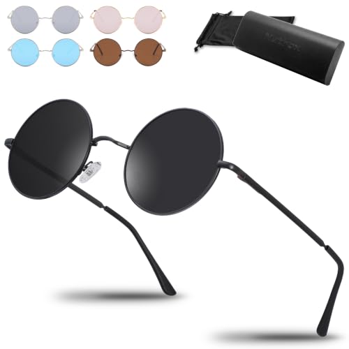 Netrox Runde Sonnenbrille im Retro-Stil mit Metallrahmen + Etui und Microfaserbeutel - UV400-Schutz - Vintage Unisex Herren und Damen - Sonnenbrillen Gläser verspiegelt Sunglasses rund schwarz