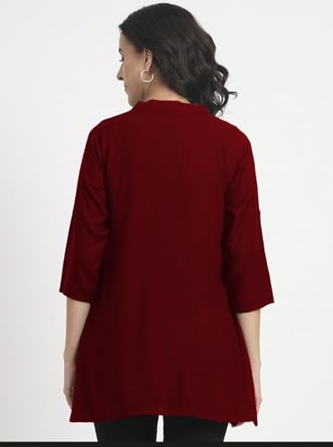 Image of Women's Roll-Up Sleeve Tunic Top, V-Neck with Button Front, Side Pockets, Rayon Short Kurti