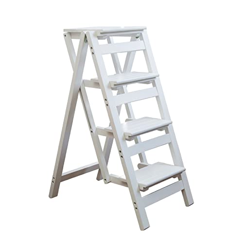KINGBO Step Stool for Adults/Step Ladder/Counter Chair, 3-Step Folding Portable Wooden Step Stool, Anti-Slip & Lightweight (White)