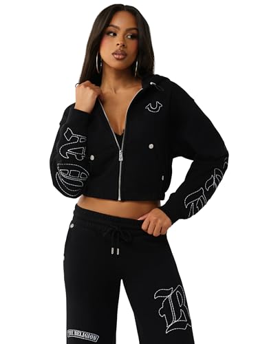 True Religion Women’s Horseshoe Appliqué Zip Hoodie – Full Zip Sweatshirt, Jet Black, XXL