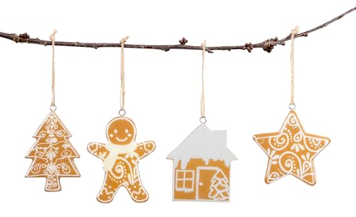 Juego de 4 colgantes decorativos de pan de jengibre, madera de densidad media, color marrón