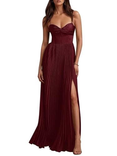 Spaghetti Straps Burgundy Bridesmaid Dresses Long for Women Flutter Pleated Slit Party Prom Dress...
