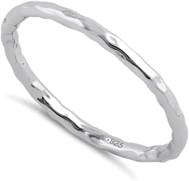 925 Sterling Silver Thin Hammered Band Women Stackable Ring