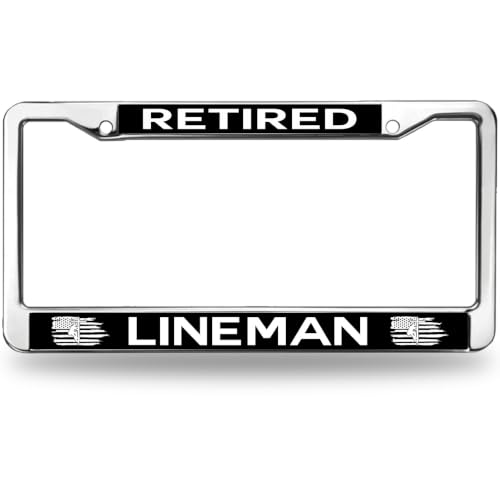 Image of Retired Lineman License Plate Frame, Stainless Steel Metal Auto Tag Holder | Celebrate dedicated service with this durable metal Retired Lineman license plate frame, weather-resistant to last.