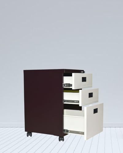 Image of Shubham Furnitures 3 Drawer Steel Pedestal Cabinet | Lockable Powder Coated Filing Cabinet for Files, Documents & Stationery | Office Storage Unit (Brown, Pedestal with Wheels)