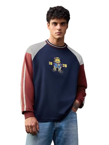 Image of The Souled Store Garfield: Cool Kitty Men and Boys Long Sleeves Round Neck Navy Blue Embroidered Casual Lightweight Drop Shoulder Streetwear Trendy Oversized Full Sleeve T-Shirts