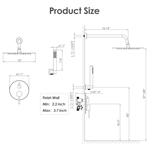 Image of Gabrylly Brushed Gold Shower System with Rough-in Valve, 10 Inch Wall Mounted High Pressure Rainfall Shower Head with Handheld Combo, Luxury All Metal Bathroom Shower Faucet Fixtures Complete Set