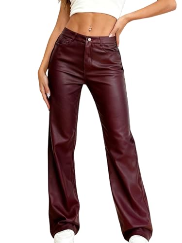 OYOANGLE Womens Leather Pants Y2K PU High Waist Wide Leg Pants Concert Pocket Straight Going Out Trousers Burgundy Medium