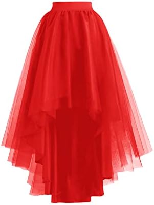 High Low Tulle Skirt Lace up Wedding Party Prom Cocktail Mesh Long Tulle Skirt for Women Red One Size