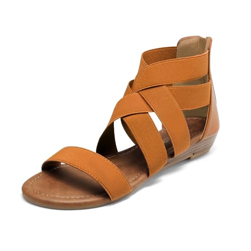 DREAM PAIRS Women's Elastic Ankle Strap Low Wedges Sandals 7 Tan