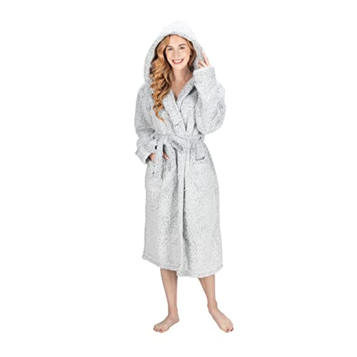 MONHOUSE Womens Bath Robe - Premium Super Soft & Cosy Long Bathrobe - Ladies Thick Flannel Luxury Housecoat - Shearling Spa Gown for Her - Sherpa Bathrobe - Grey Shealing UK 20-22