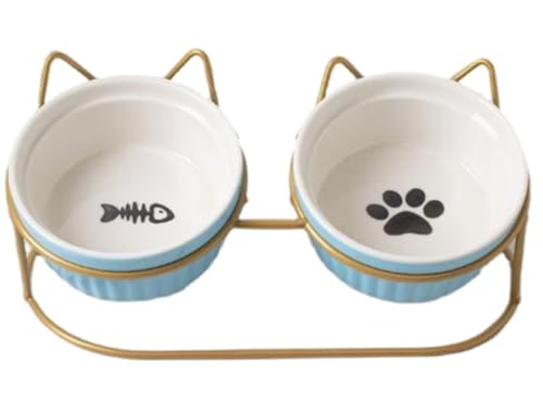 猫 食器小さい傾斜がある 15度 ペット ボウル 台 フードボウル 犬 猫食器 陶器 ウォーター ボウル 犬猫用 餌入れ 水入れ 水飲みボウル ペット皿 陶器 えさ入れ ごはん皿 お水入れ かわいい猫耳のデザイン 猫 犬 (小型犬) (ブルー)