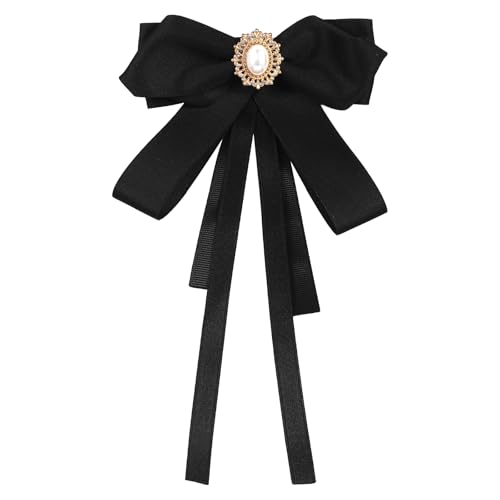 Mabor Black Bow Tie for Women Clip on Bow Ties Pre Tied Bowtie for Women Girls Adjustable Ribbon Faux Pearl Rhinestone Necktie for Shirt School Uniform