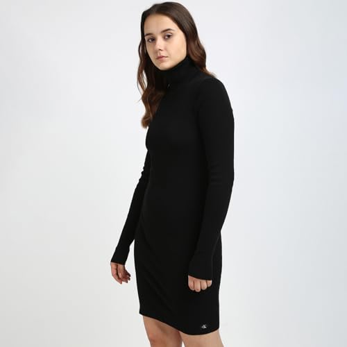 Calvin Klein Damen Pullover-Kleid Woven Label Tight Sweater Dress mit Rollkragen, Schwarz (Ck Black), XXS – Ansicht 2
