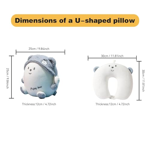 Image of Kids Travel Pillow - 2-in-1 Deformable Kids Neck Pillow for Traveling, Soft U-Shaped Pillow with Adorable Animal Design, Comfy Sleep and Play, Ideal for Airplanes and Cars - Blue Bear