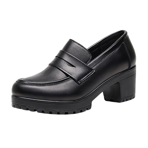 Women's Black Slip On Dress Pumps,Comfort Round Closed Toe Chunky Block High Heel Platform Casual Penny Leather Shoes