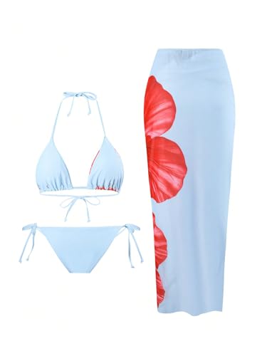 WDIRARA Women's Bikini Sets Floral Print Triangle Halter Tie Back Swimsuit with Cover Up Skirt2