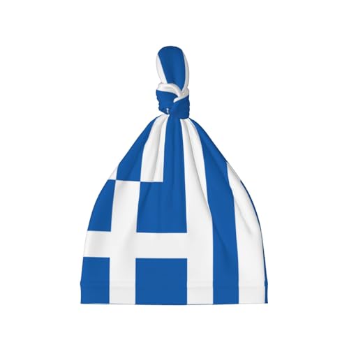 Newborn Baby Hat, Greek Flag Print Soft Top Knot Beanie Cap, Cute Baby Headwear for 0-6 Months Black