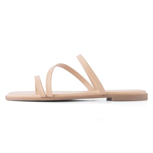 Image of LACUONE Strappy Flat Sandals For Women Slip On Square Open Toe Slides Sandals