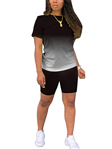 Tie Dye Women 2 Piece Outfits Sets for Women Sexy Bodycon Short Sleeve Tracksuits Jogger Shorts Pants Set Black M