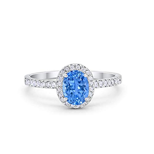 Halo Wedding Engagement Ring Oval Round Simulated Blue Topaz Cubic Zirconia 925 Sterling Silver Size-7