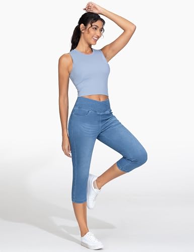THE GYM PEOPLE Women's Cross Waisted Stretchy Capri Denim Jeggings Tummy Control Skinny Jean Leggings with Pockets3
