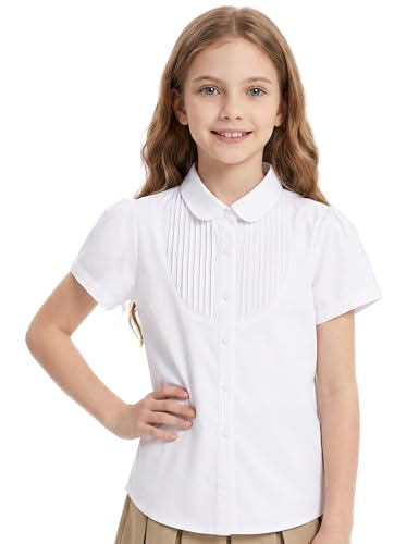 Girls White Short Sleeve Button Down Shirt Classic Kids Shirt Size 8 Crew Neck with Accordion Pleats at Chest Breathable Cotton Summer Top for School Uniform Birthday Party Holiday
