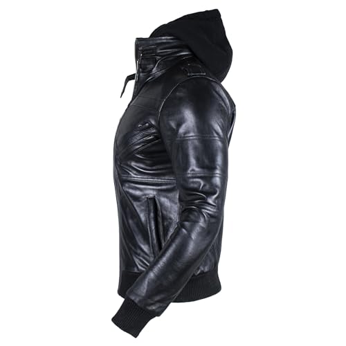 Image of Hooded Leather Jacket For Men | Bomber Leather Jacket Mens with Removable Hood