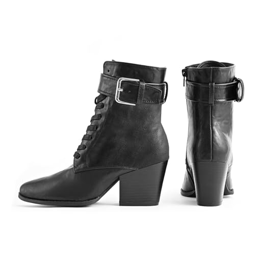 Ankle Boots for Women Chunky Heels Lace-up Booties with Side Zipper Buckle Strap Pointed Toe Comfortable Casual Ladies Work Booties Shoes4