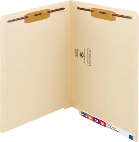 Image of Smead Heavyweight End Tab Fastener File Folder,Shelf-Master Reinforced Straight-Cut Tab,2 Fasteners,Letter Size,Manila,50 per Box (34215),(Pack of 5)