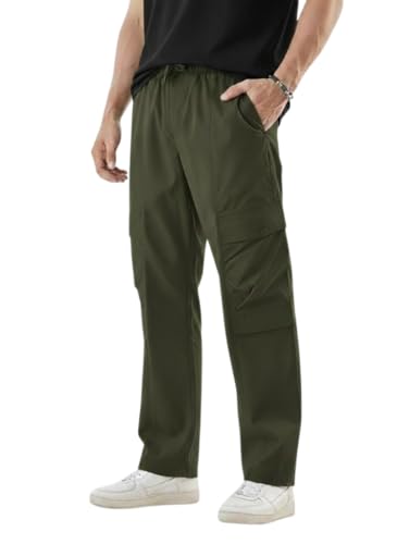 Image of Men's Cotton Cargo Pants | Straight Fit Casual Trousers for Men with Pockets | Lightweight & Breathable Pants with Elastic Waistband & Drawstring | Comfortable Lower for Mens