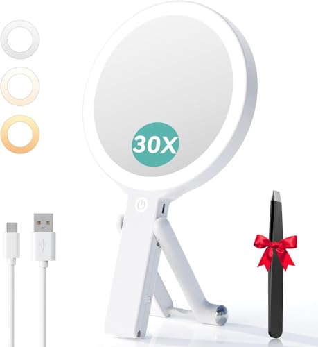 Auxmir Double Sided 30X/1X Magnifying Mirror, Travel Makeup Mirror with Light, 2000mAh Rechargeable 3 Color Lighting, Dimmable Portable Beauty Handheld Tabletop Hanging for Travel Offices Bedroom Auxmir Double Sided 30X/1X Magnifying Mirror, Travel Makeup Mirror with Light, 2000mAh Rechargeable 3 Color Lighting, Dimmable Portable Beauty Handheld Tabletop Hanging for Travel Offices Bedroom