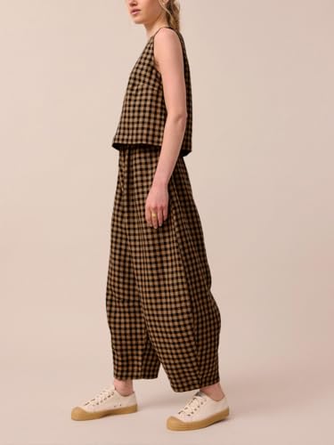 Image of Womens 2 Piece Lounge Sets Cotton Plaid Crop Top High Waisted Baggy Ankle Barrel Pants Gingham Matching Set
