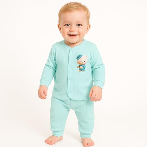 CUTE LANDINGS 0-3|3-6|6-9 & 9-12 Months New Born Baby Girls and Boys Front Open Full Sleeves Thermal Jhablas and Rib Pajamas Set|Top|Bottom|Infant|Toddlers|Winter Wear|Lower (Pack of 1) Blue - Image 7 thumbnail