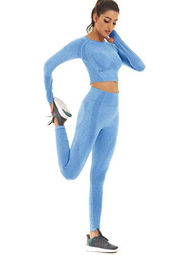 Toplook Women Seamless Workout Outfits Athletic Set Leggings + Long Sleeve Top (Ligth Blue, Medium)