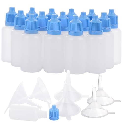 AKOLAFE Paquete de 100 botellas cuentagotas de plástico de 20 ml, botellas pequeñas de plástico con tapas azules, cuentagotas de líquido de ojos vacíos con 5 embudos para aceite y líquido
