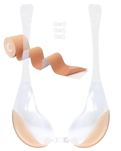 TITU Adhesive Bra Push Up - Sticky Bra Invisible Strapless Reusable Silicone Bras Backless Bras for Women with Boob Lift Tape DD Cup Beige