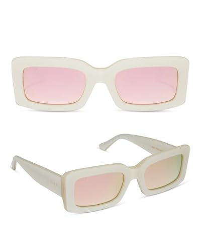 DIFF Indy Designer Rectangular Sunglasses for Women UV400, Opaline + Taupe Mirror