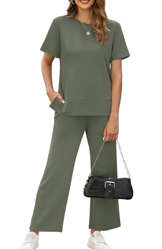 Image of XIEERDUO Women's Side Slit Lounge Sets 2026 Fashion 2 Piece Travel Outfits Cozy Loungewear Wide Leg Tracksuits S-3XL