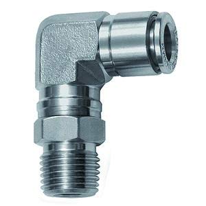 Racor en L, giratorio, R 3/8 A, para manguera de diámetro exterior de 14 mm, presión de trabajo máx. 20 bares, acero inoxidable 1.4404.