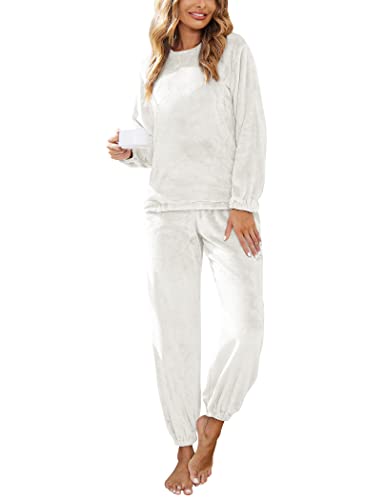 Ekouaer Women Fleece Pajama Sets Long Sleeve Tops And Pants Pj Sets Joggers Plush Loungewear Sleepwear White X-Large #TOP15