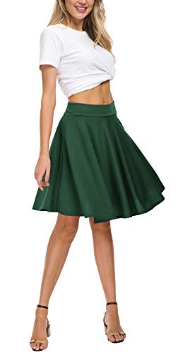 Image of EXCHIC Women's Casual Stretchy Flared Mini Skater Skirt Basic A-Line Pleated Midi Skirt