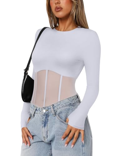 REORIA Women's Trendy Sexy Crew Neck Thumbholes Long Sleeve Sheer Mesh Going Out Bodysuit Tops2